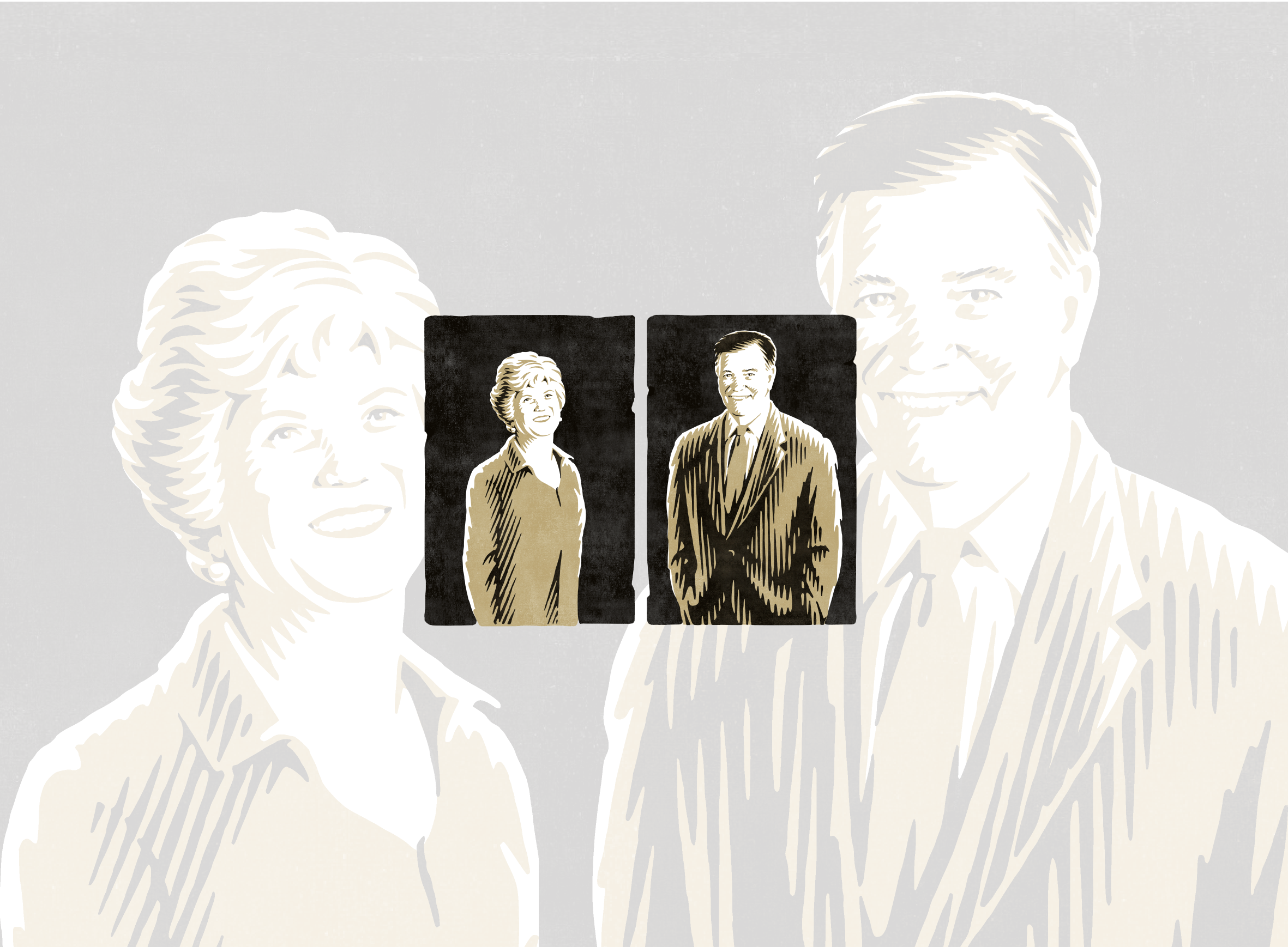 Vector art illustrations of a couple drawn in woodcut style by the illustrator Ken Jacobsen.